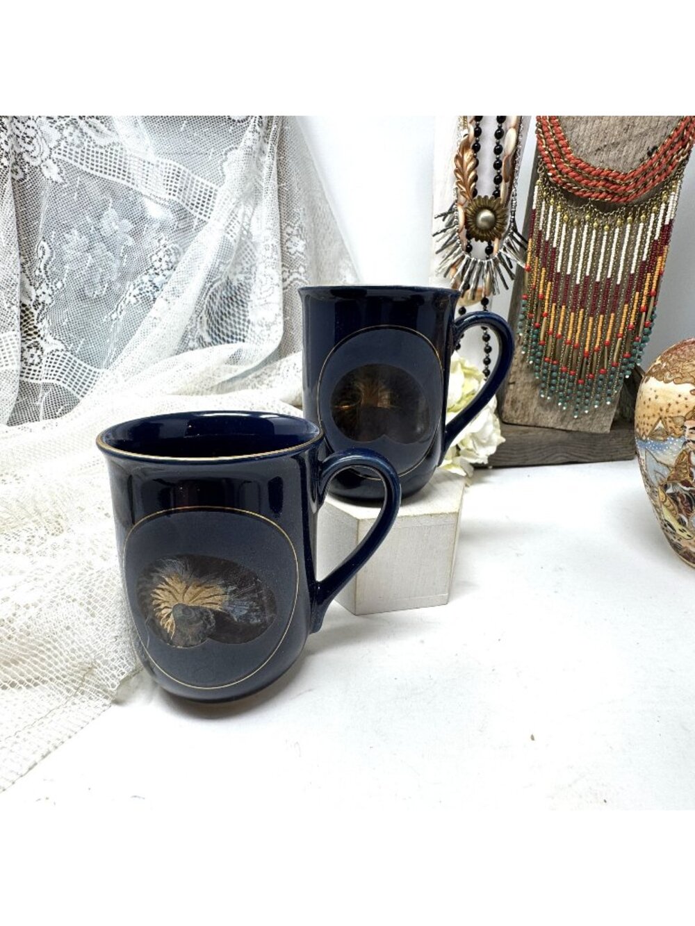 Vintage Otagiri Nautilus Navy Blue Ceramic Mugs With Gold Trim & Nautilus Shell